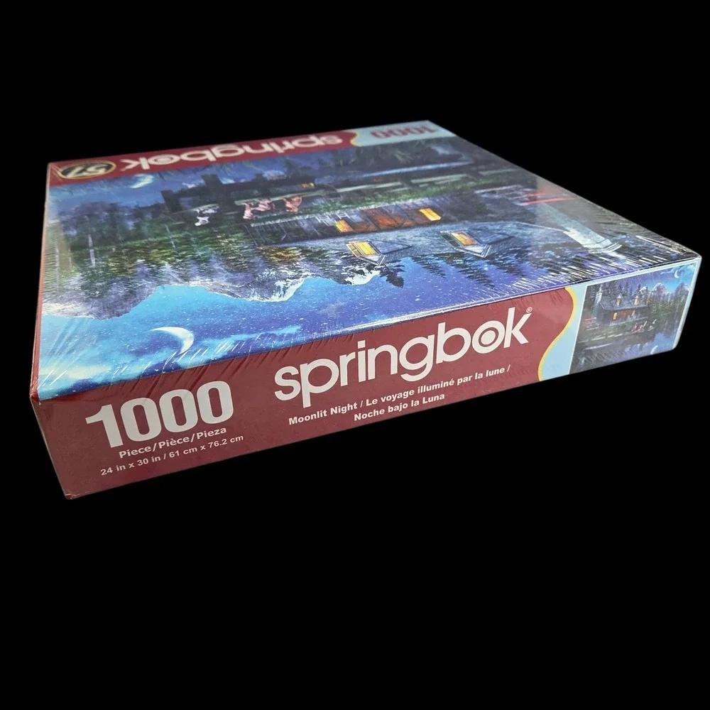 Springbok Moonlit Night 1000 Piece Puzzle 24 x 30 Dogs Cabin Lake Mountains New